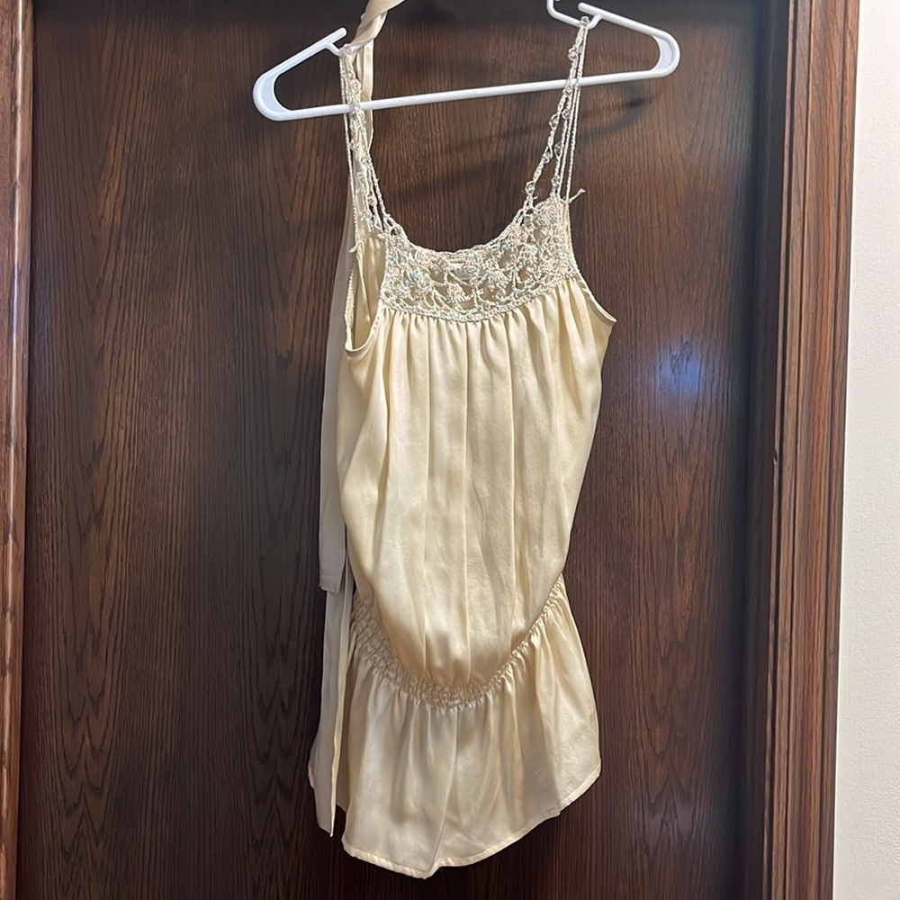 To the Max-tank blouse/tie waist/beige silk beaded rope straps/front. W size 10. - Picture 10 of 10